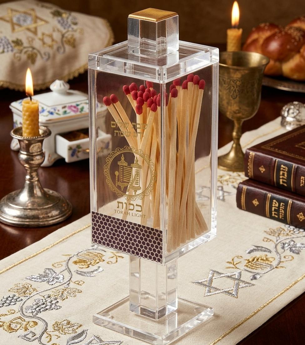 Modern Acrylic Shabbat Match Holder Box – Minimalist Lucite Matchbox Case with Striker – Elegant Judaica Desk Accessory & Shabbat Table Decor