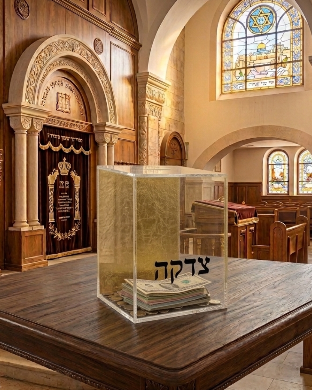Tzedakah Charity Box - Acrylic Lucite Jewish Money Container with Hebrew Inscription - Contemporary Pushka for Giving - Designer Judaica Office & Home Accessory