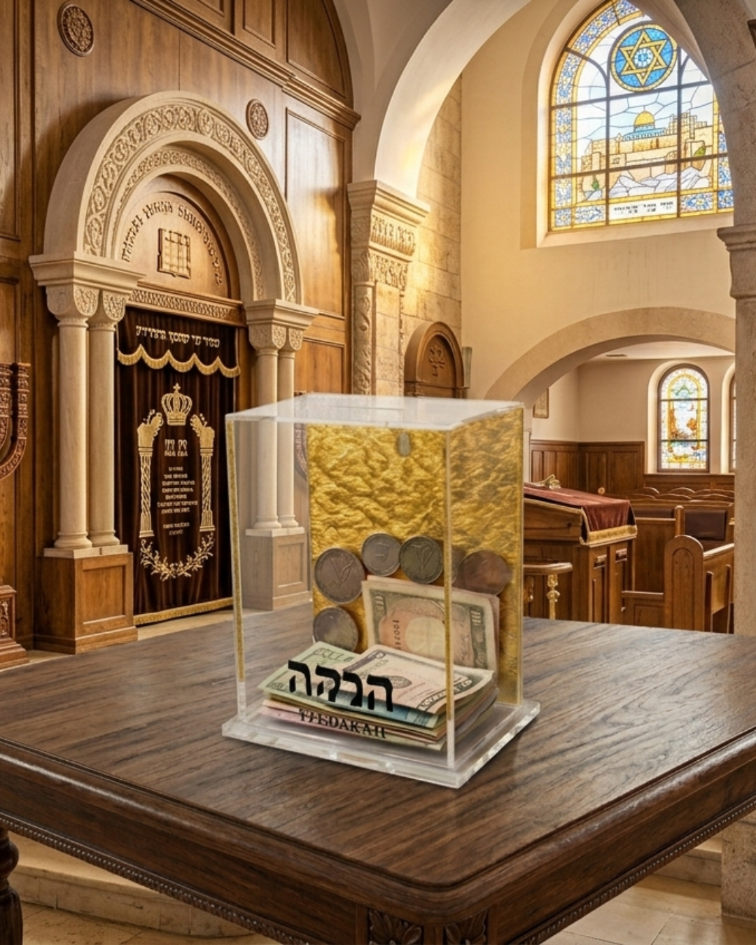 Tzedakah Charity Box - Acrylic Lucite Jewish Money Container with Hebrew Inscription - Contemporary Pushka for Giving - Designer Judaica Office & Home Accessory